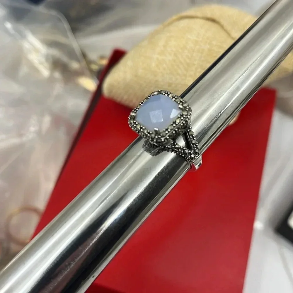 💎 Rare QVC Sterling Silver Gray Chalcedony & Marcasite Ring - Size 7 - Picture 14 of 17